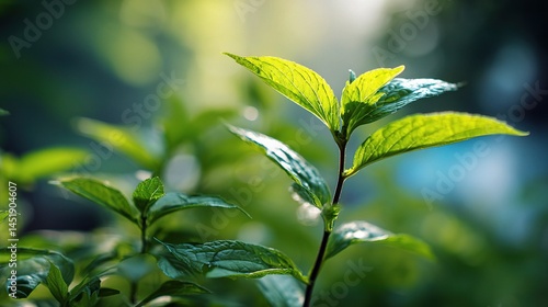 Fresh Green Leaves Illuminated in Summer Sunlight Close-Up