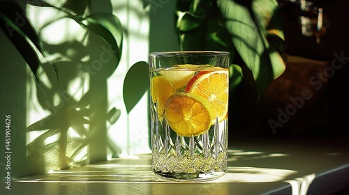 Fresh Citrus Infused Water in Glass on Sunny Windowsill