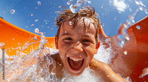 boy sliding down water slide at water park