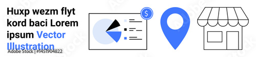 Pie chart with financial data, blue location pin, and storefront icon in simple style. Ideal for e-commerce, navigation, marketing, analytics, retail, finance simple landing page