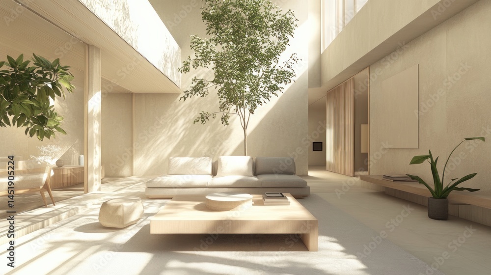 Fototapeta premium Modern Scandinavian living room with natural lighting, minimalist furniture, and indoor plants, neutral color palette 