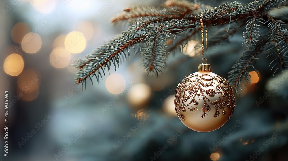 Elegant Golden Ornament Hanging on Christmas Fir Tree Branch