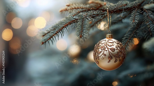 Obraz na płótnie Elegant Golden Ornament Hanging on Christmas Fir Tree Branch w salonie