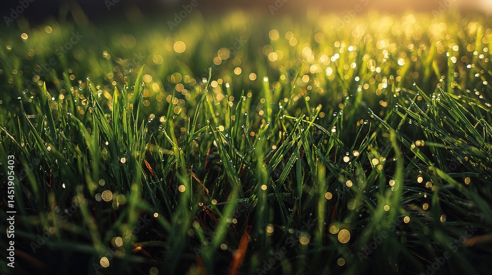 Fresh Green Grass Sparkling with Dew in Spring Morning Light