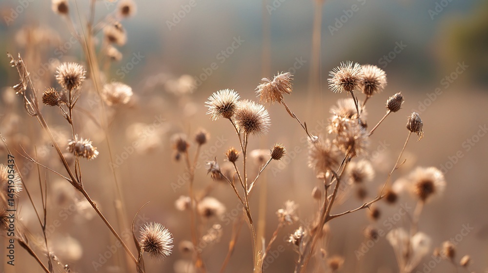 Sunlit Dry Thistle Flowers Close Up in Summer Field Setting
