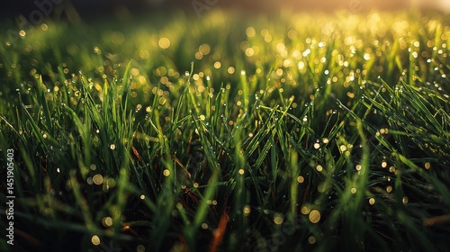 Fresh Green Grass Sparkling with Dew in Spring Morning Light