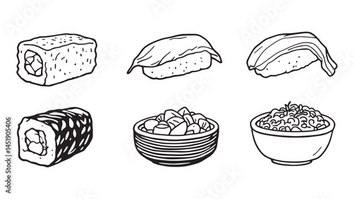 Sushi Making Vector line art rice roll ingredients cooking process sketch