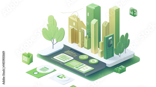Floating eco savings impact visualization dashboard for green fintech apps, isolated, PNG format, transparent background. Varient 5