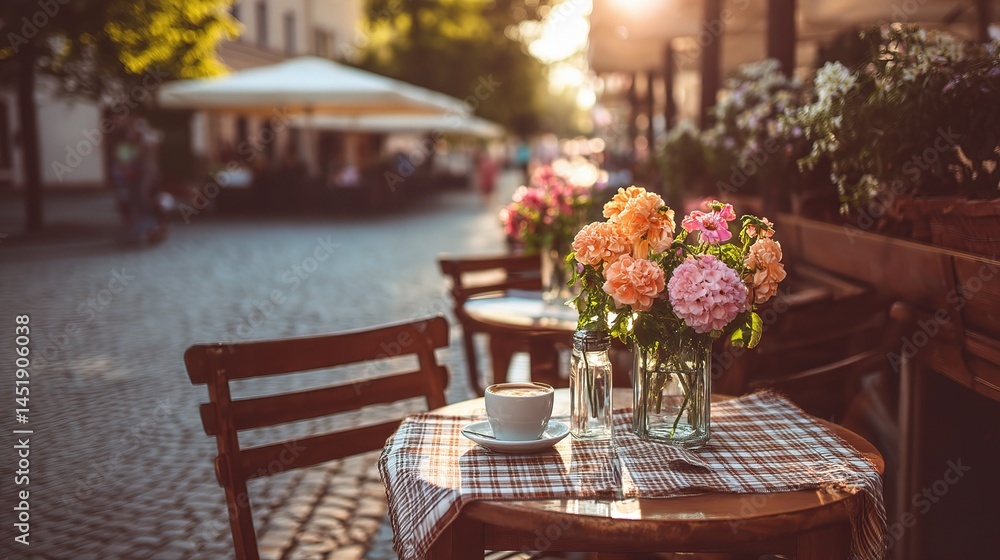 Charming Outdoor Cafe Table with Flowers and Coffee During Daylight