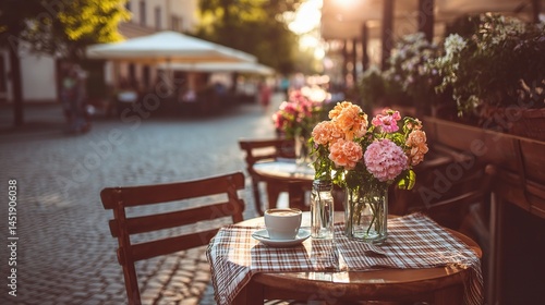 Obraz na płótnie Charming Outdoor Cafe Table with Flowers and Coffee During Daylight w salonie