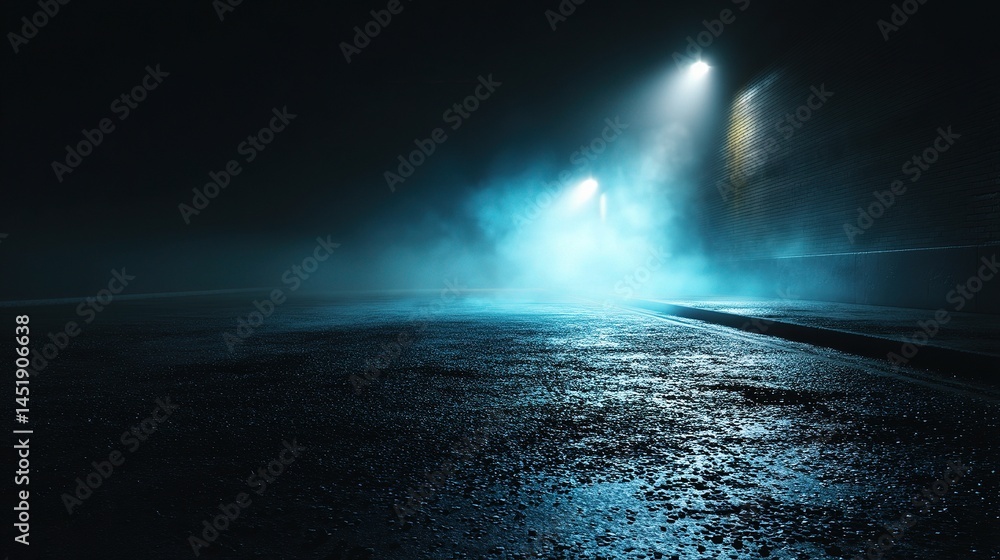 Dark Empty Street Scene with Glowing Neon Blue Light Effects