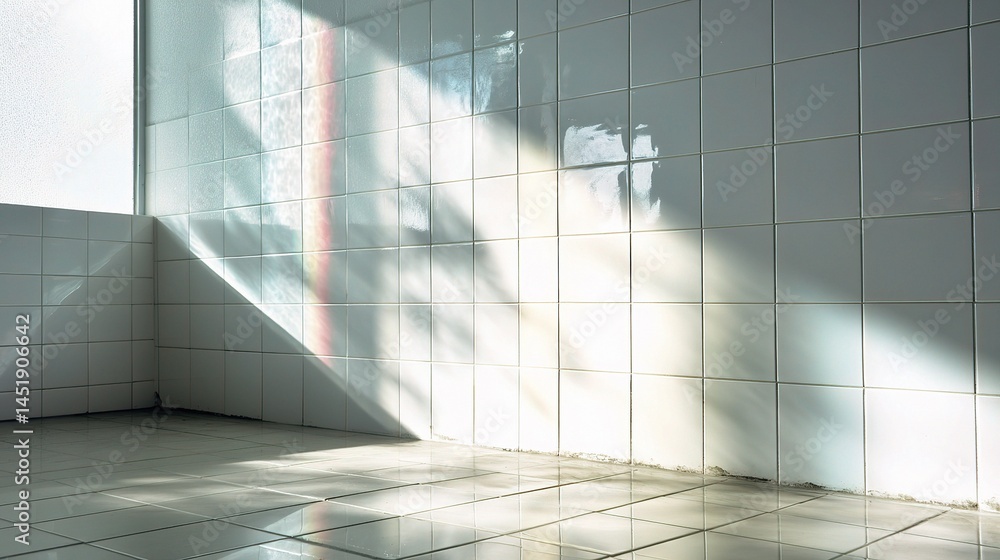 Soft Midday Light Reflecting on White Tile Wall and Floor