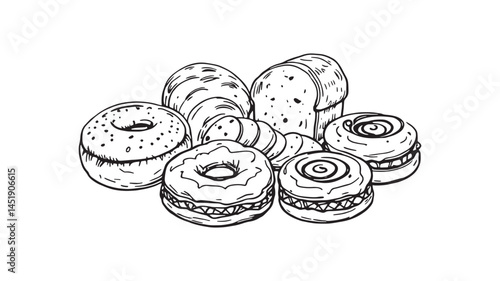 Sweet Bakery Menu line art drawing featuring fresh baked goods