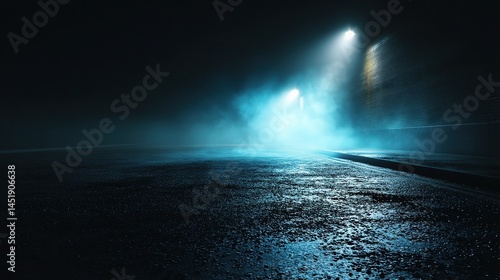 Obraz na płótnie Dark Empty Street Scene with Glowing Neon Blue Light Effects w salonie