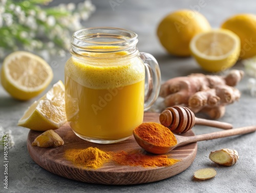 Drink or smoothie with lemon and turmeric on wooden stand for fall or viral season on neutral background
