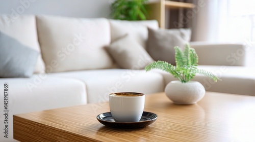 Obraz na płótnie Cozy Modern Interior with Wood and White Tones plus Coffee Scene w salonie