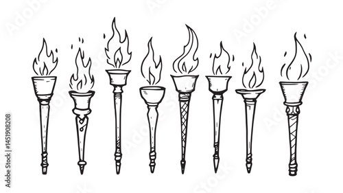 Torch with fire line art drawing glowing with intense flames