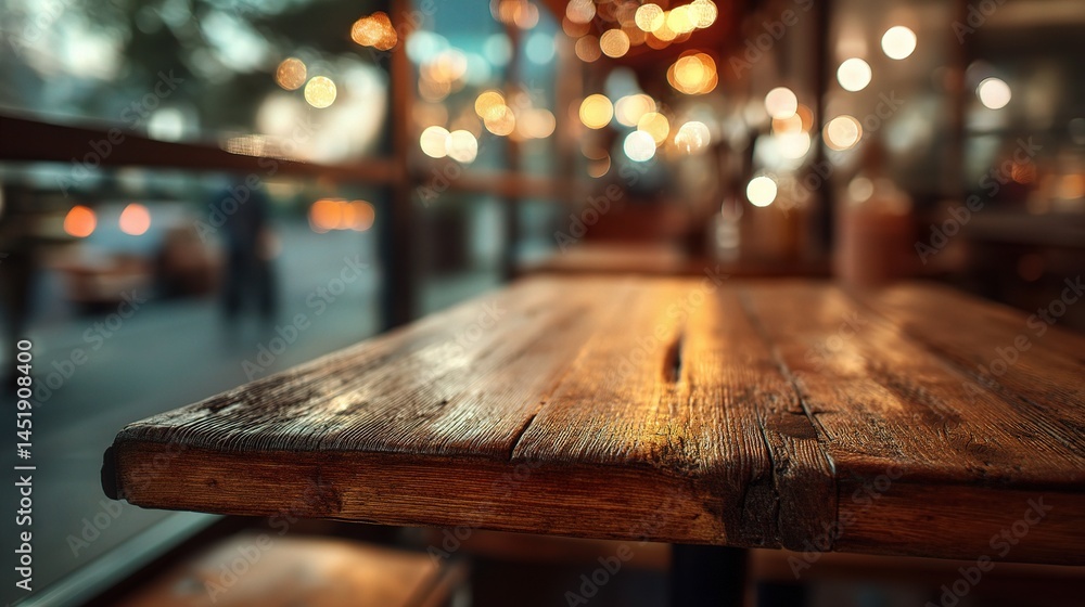 Blurred Background View of a Wooden Cafe Table in Outdoor Setting