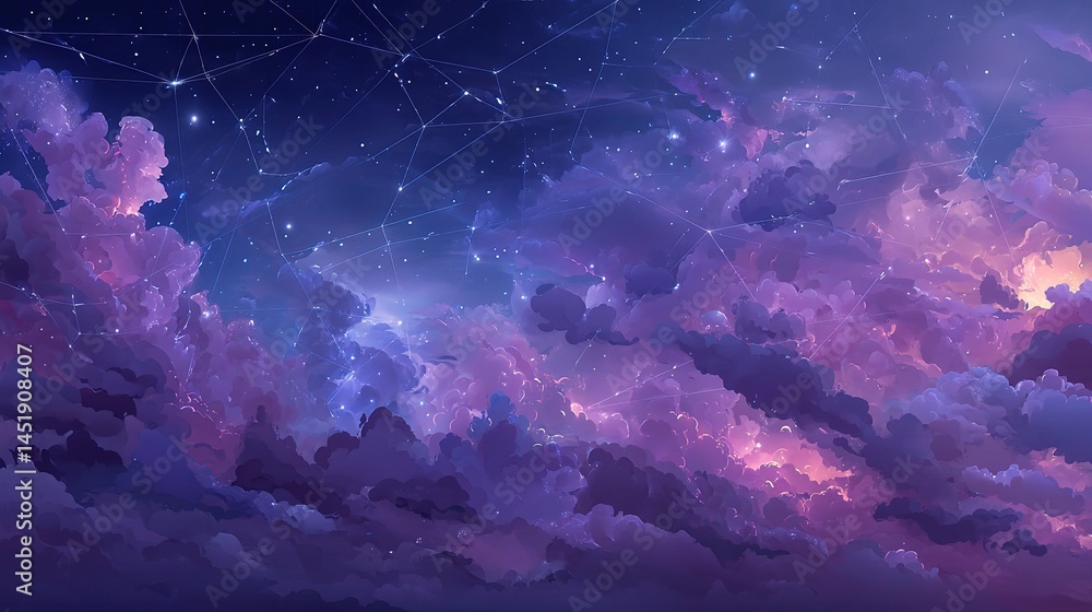 Abstract Purple Night Sky with Glowing Clouds and Stars