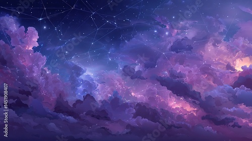Abstract Purple Night Sky with Glowing Clouds and Stars