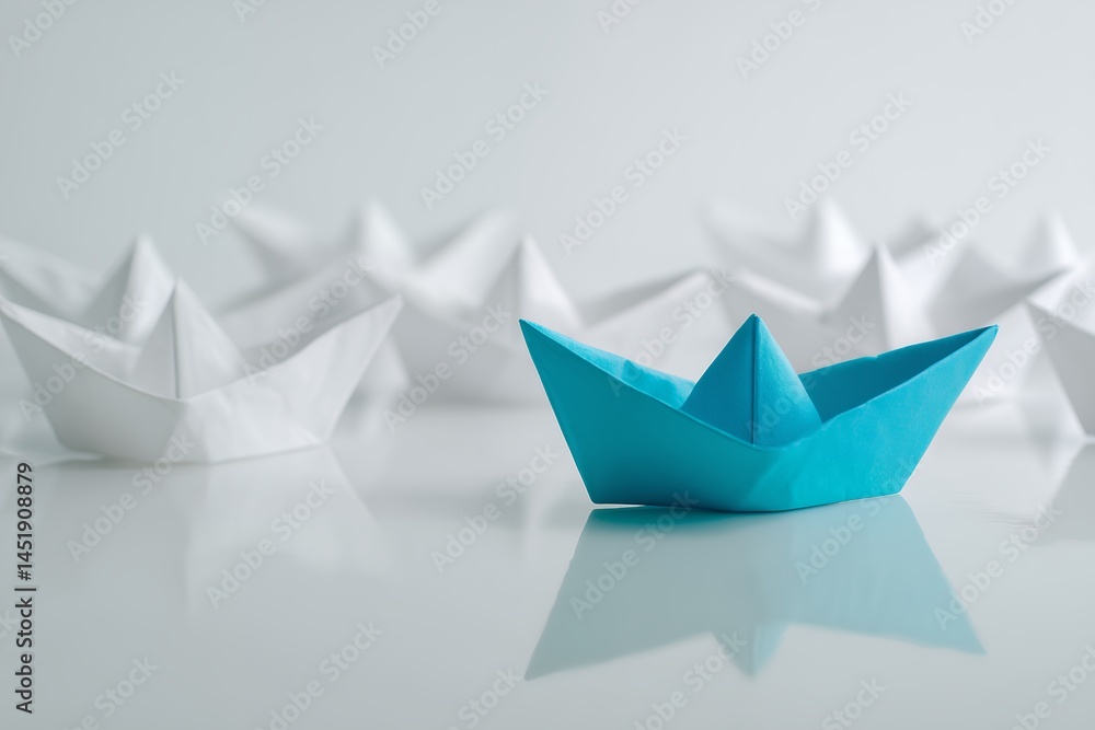 A single teal paper boat stands out amongst a fleet of white ones on a reflective surface, concept for leadership and standing out from the crowd A single teal paper boat stands out amongst a fleet of white ones on a reflective surface, concept for leadership and standing out from the crowd
