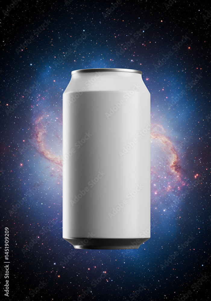 Blank aluminum can in space. A plain, white, cylindrical can, against a backdrop of vibrant, swirling nebulae and stars Blank aluminum can in space. A plain, white, cylindrical can, against a backdrop of vibrant, swirling nebulae and stars