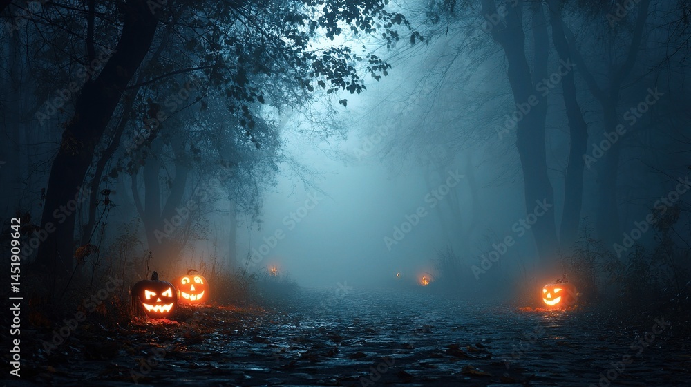 Spooky Halloween Night Landscape with Glowing Jack-O'-Lanterns