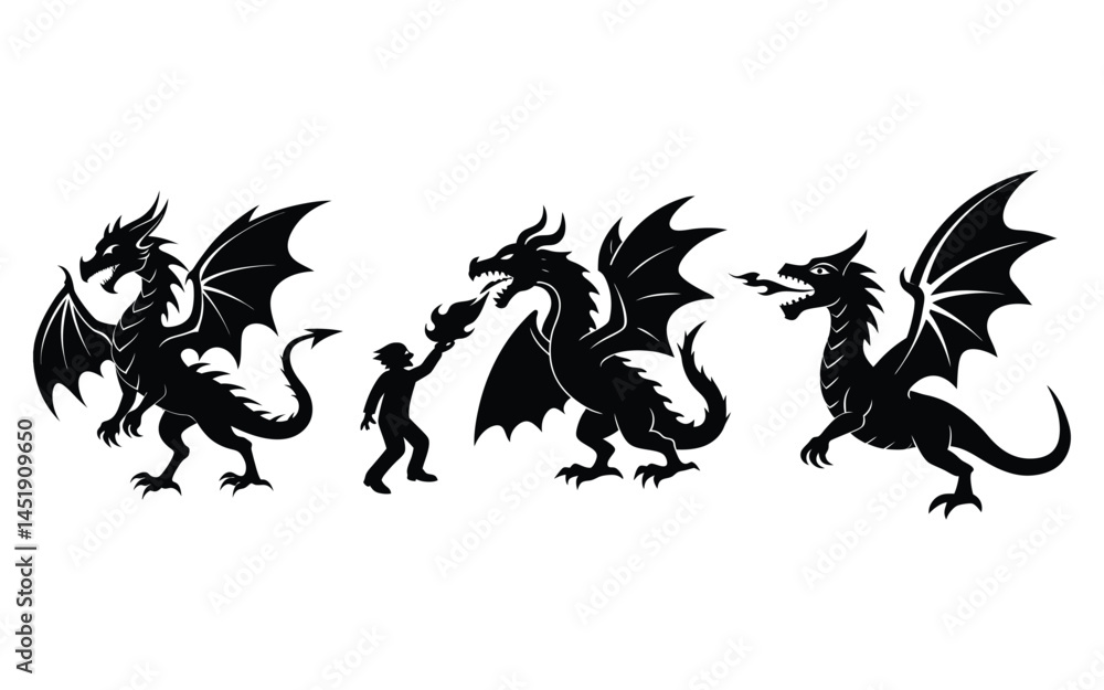 Naklejka premium dragon black silhouette vector, Simple silhouette Design vector icon with white background.