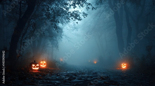 Spooky Halloween Night Landscape with Glowing Jack-O'-Lanterns