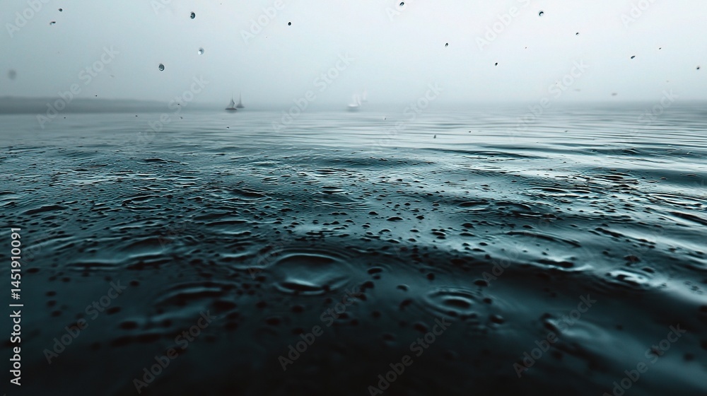 Calm Seaside View with Rainy Ripples on Smooth Water Surface
