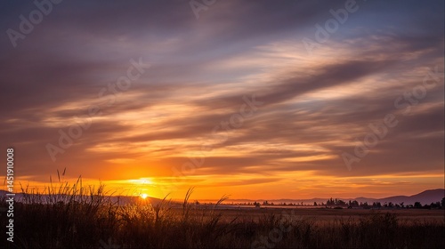 Obraz na płótnie Golden Sunrise Casting Warm Hues Across a Quiet Morning Landscape w salonie