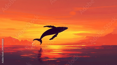 An illustration of a humpback whale breaching the ocean's surface against the backdrop of a stunning sunset.