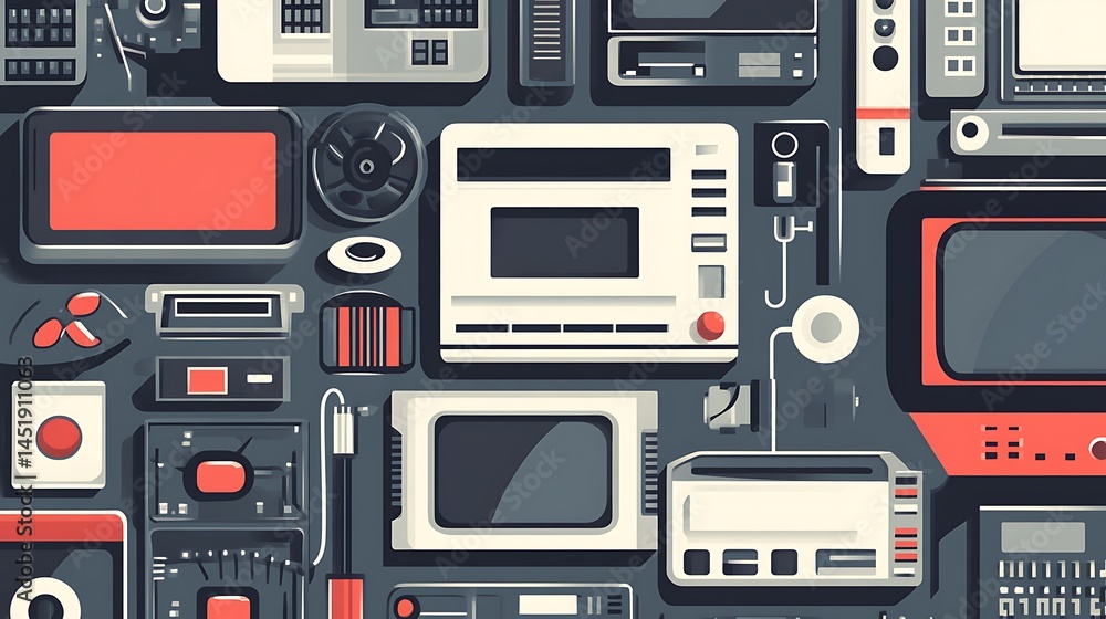 Fototapeta premium Retro Tech Gadgets Flatlay.