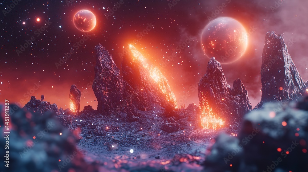 Fiery alien planet volcanic peaks under a crimson sky with two glowing moons and cosmic dust a breathtaking Fiery alien planet volcanic peaks under a crimson sky with two glowing moons and cosmic dust a breathtaking