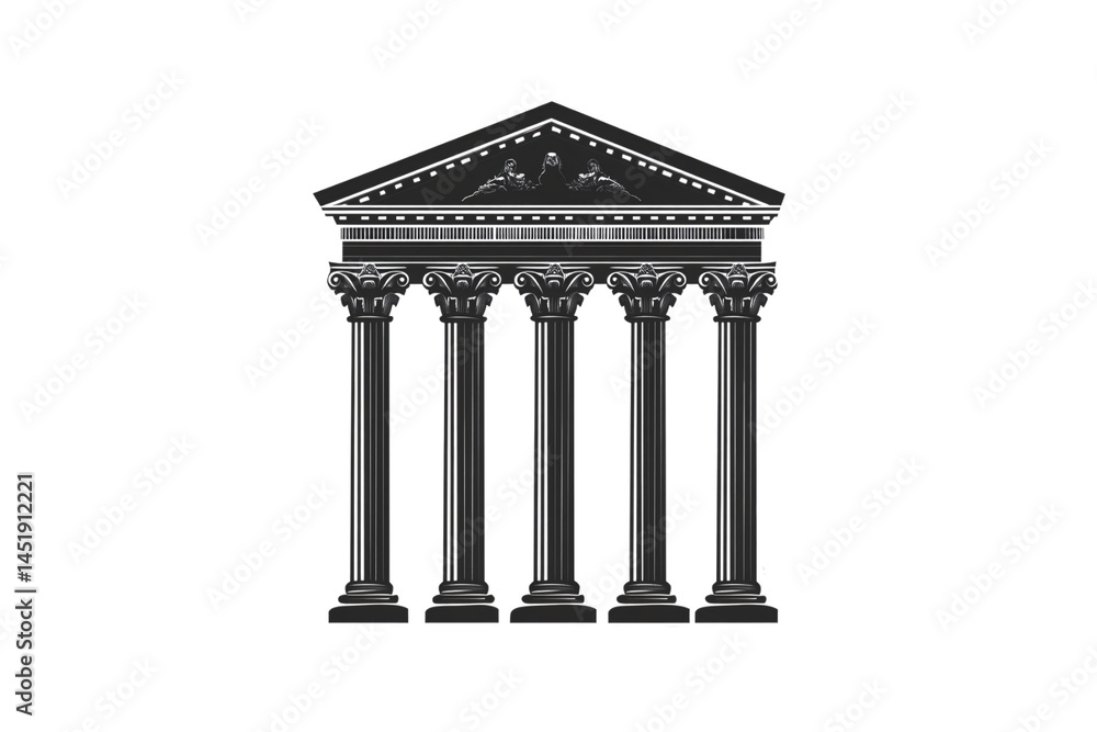 Obraz premium Architectural structure featuring statues within pediment, fluted Corinthian columns beneath a decorative classical cornice, isolated on a transparent background