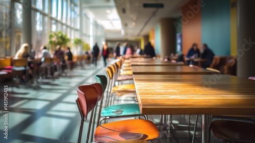 Sunlight Filtering Through Cafeteria Windows Over Empty Table