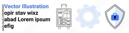 Travel suitcase with clothing arrangement, gear symbol, security shield with lock. Ideal for travel planning, packing tips, security solutions, logistics, organization, safety flat landing page