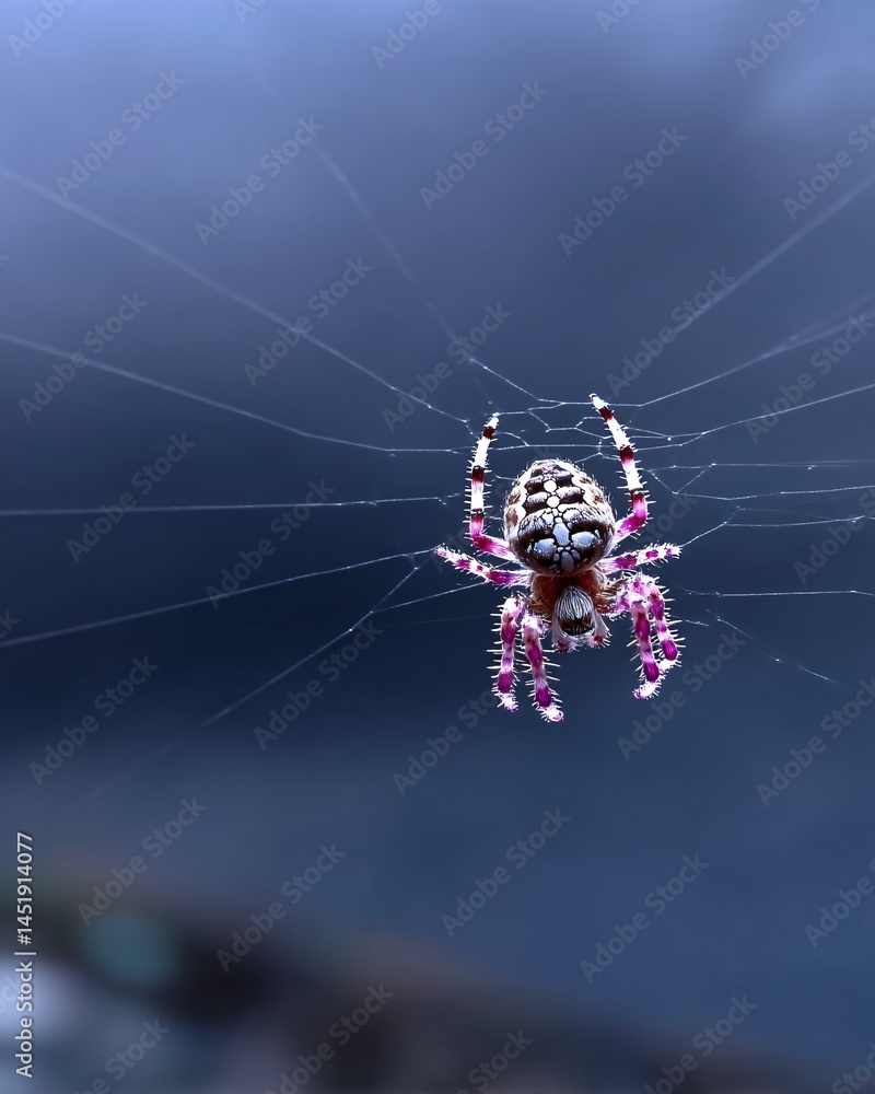 Colorful spider creating intricate web against a beautiful dark blurred background