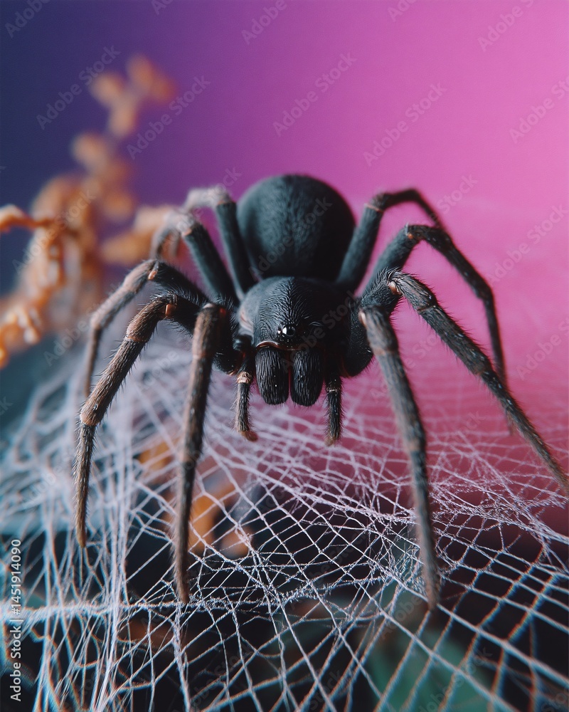 Close-Up of a Dark Spider on a Web with Abstract Colorful Background Design