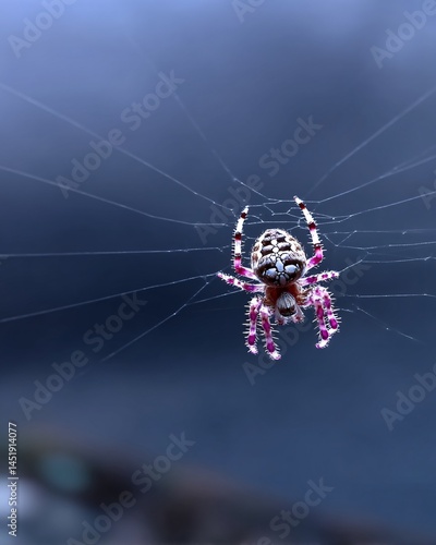 Obraz na płótnie Colorful spider creating intricate web against a beautiful dark blurred background w salonie