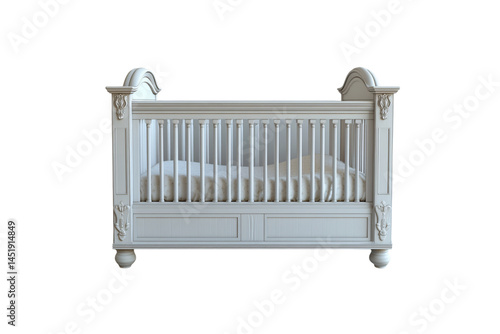 Wallpaper Mural Elegant vintage-style baby crib with ornate carvings, vertical spindles, and a cozy mattress inside, isolated on a transparent background Torontodigital.ca