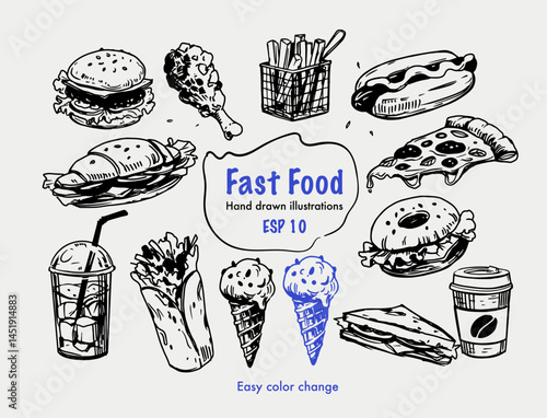 Fast food objects. hot dog, pizza, burger. Set of vector illustrations, hand drawn sketch, monochrome