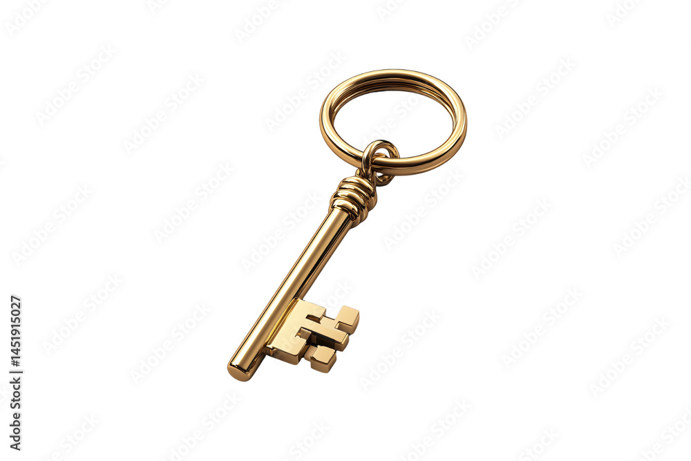 Gold key Shiny gold skeleton key with pixel-style teeth, attached to a polished round keyring, isolated on a transparent background Gold key Shiny gold skeleton key with pixel-style teeth, attached to a polished round keyring, isolated on a transparent background