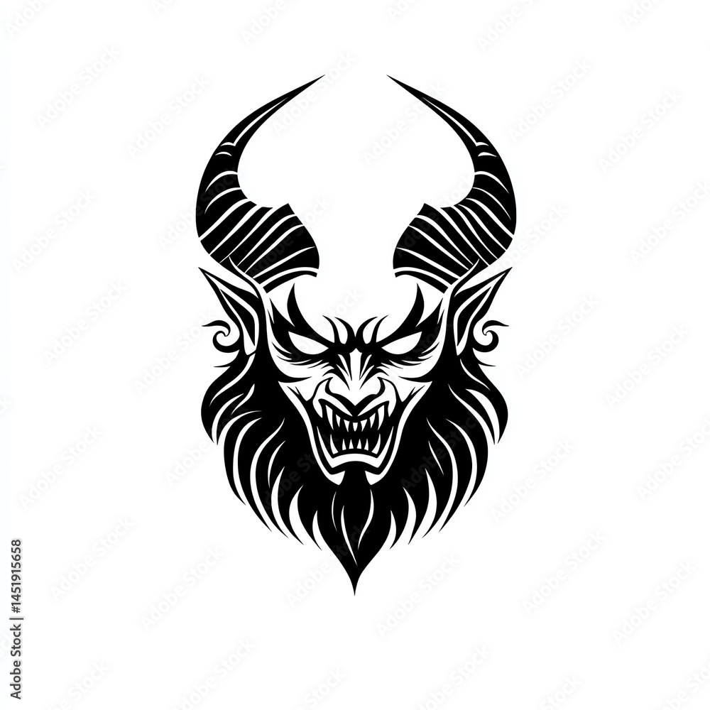A black ink vector tattoo on a white background of a devil or demon with horns looking stern and angry
A black ink vector tattoo on a white background of a devil or demon with horns looking stern and angry