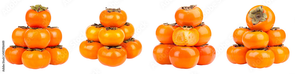 Stacks of Fresh Persimmon Fruit Isolated on White Background, Group of Healthy Ripe Persimmons, Autumn Harvest Stacks of Fresh Persimmon Fruit Isolated on White Background, Group of Healthy Ripe Persimmons, Autumn Harvest
