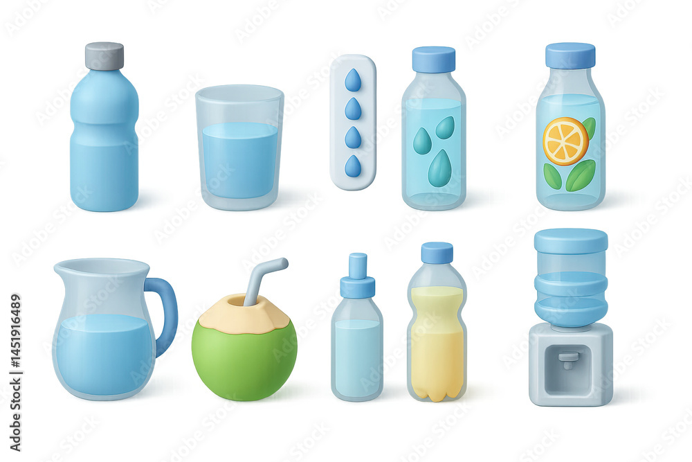 Beverage and drink 3d icons set – isometric style hydration, liquid, and refreshment symbols for packaging: water bottle, glass, coconut, juice, pitcher, water cooler Beverage and drink 3d icons set – isometric style hydration, liquid, and refreshment symbols for packaging: water bottle, glass, coconut, juice, pitcher, water cooler