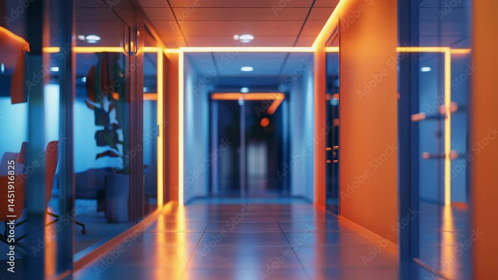 Modern office hallway with orange walls and blue lighting, glass doors and reflective floor Modern office hallway with orange walls and blue lighting, glass doors and reflective floor