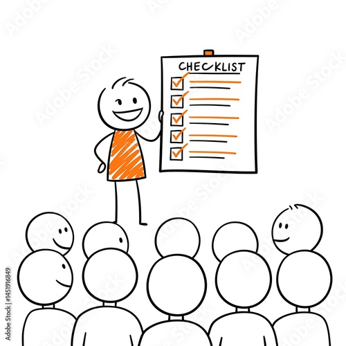 Stickman showing checklist to audience