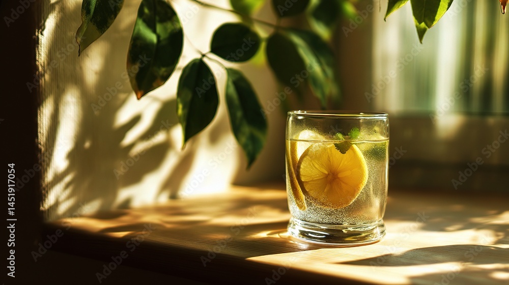 Glass of Citrus Infused Water on Sunny Windowsill with Leaves