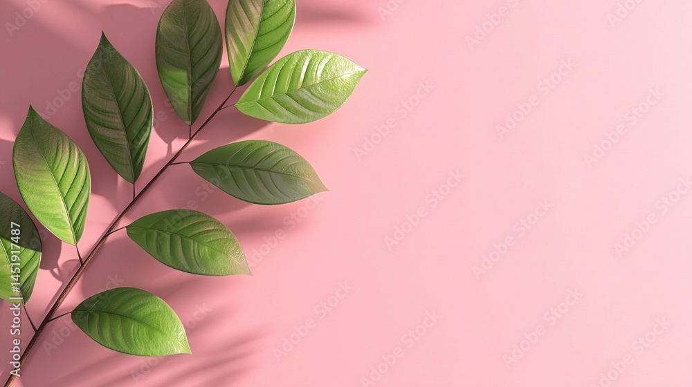 Soft Pink Pastel Background with Green Leaf Shadows for Design Use